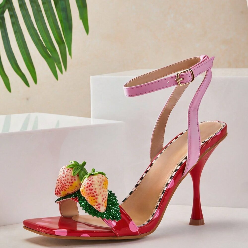Multicolor Bohemian Women's Ankle Strap Stiletto Sandals with Strawberry Decor - Picture 5 of 9